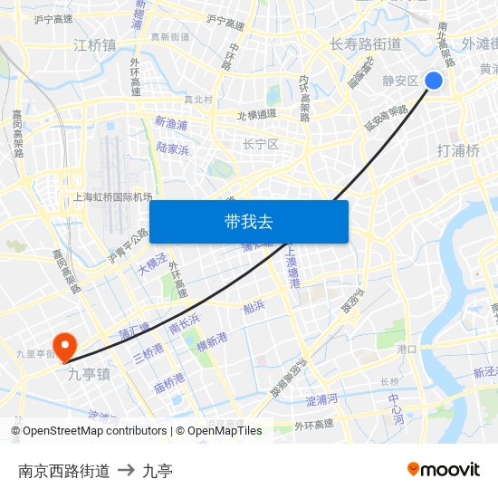 南京西路街道 to 九亭 map