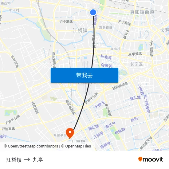 江桥镇 to 九亭 map