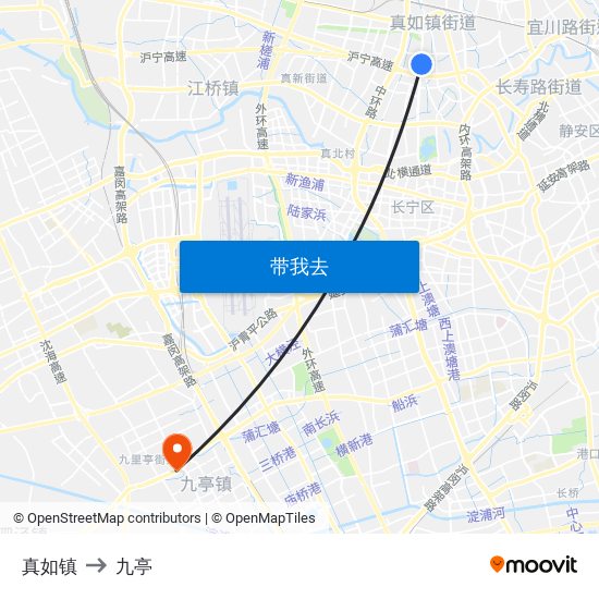 真如镇 to 九亭 map