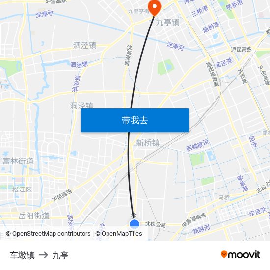 车墩镇 to 九亭 map