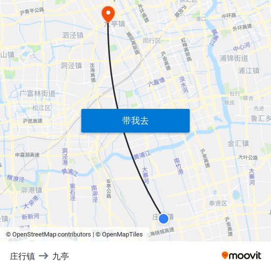 庄行镇 to 九亭 map