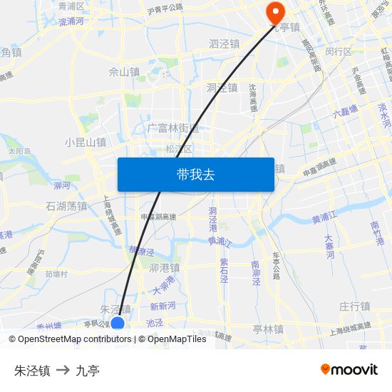 朱泾镇 to 九亭 map