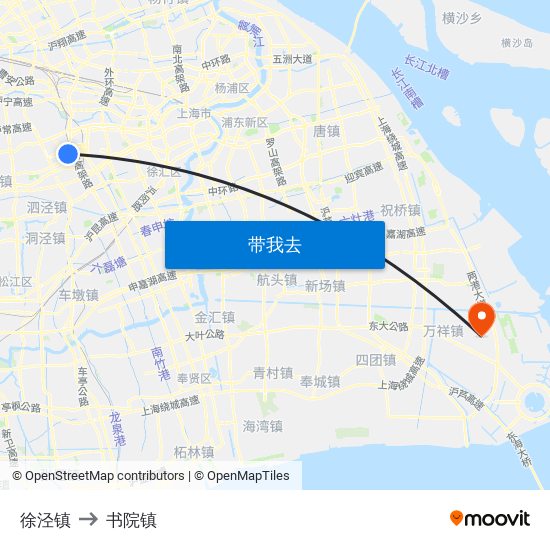 徐泾镇 to 书院镇 map