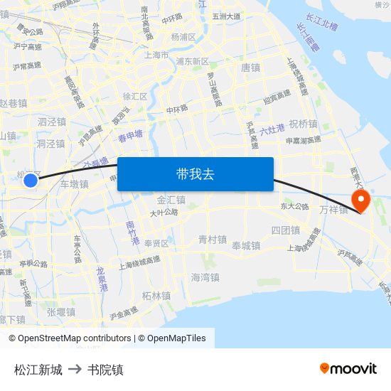 松江新城 to 书院镇 map