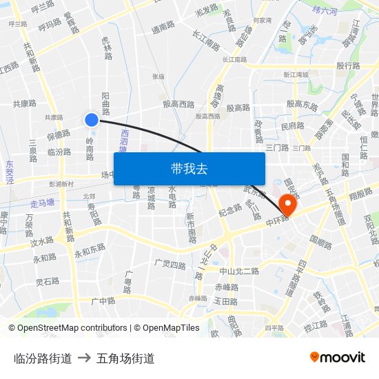 临汾路街道 to 五角场街道 map