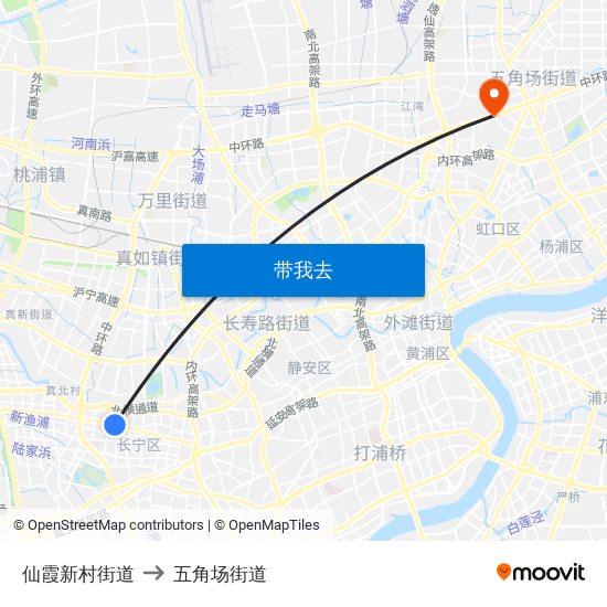 仙霞新村街道 to 五角场街道 map