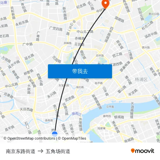 南京东路街道 to 五角场街道 map