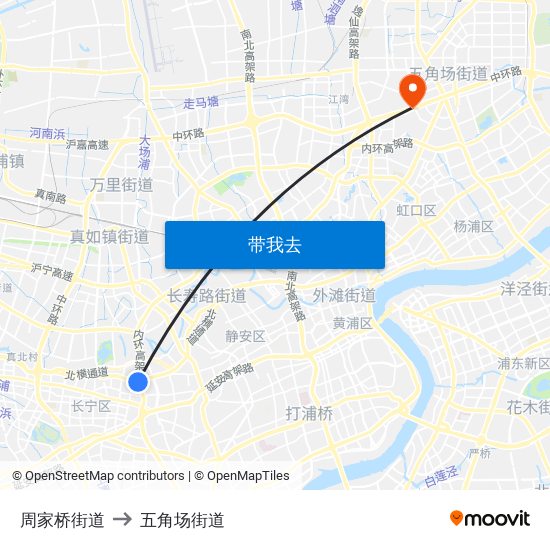 周家桥街道 to 五角场街道 map