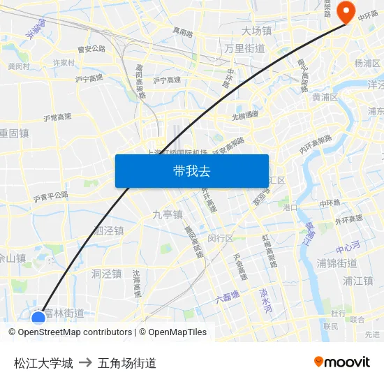 松江大学城 to 五角场街道 map