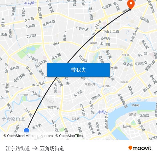 江宁路街道 to 五角场街道 map