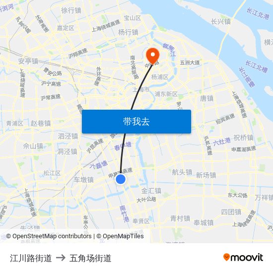 江川路街道 to 五角场街道 map