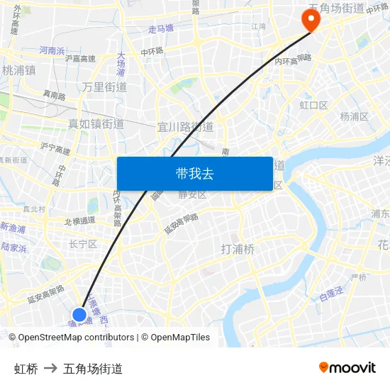 虹桥 to 五角场街道 map