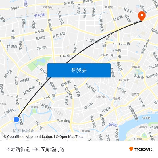 长寿路街道 to 五角场街道 map