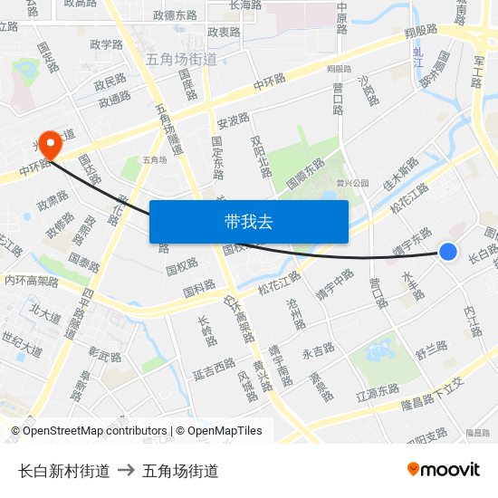 长白新村街道 to 五角场街道 map