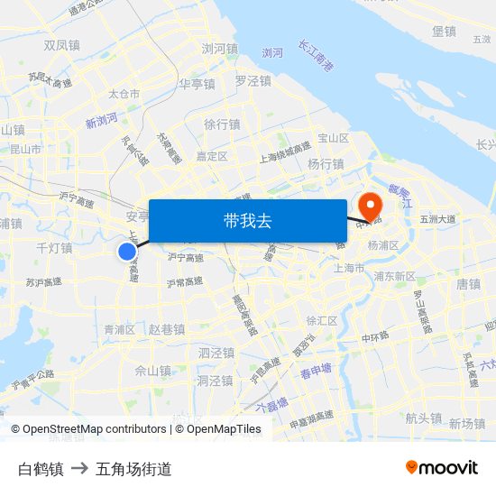 白鹤镇 to 五角场街道 map