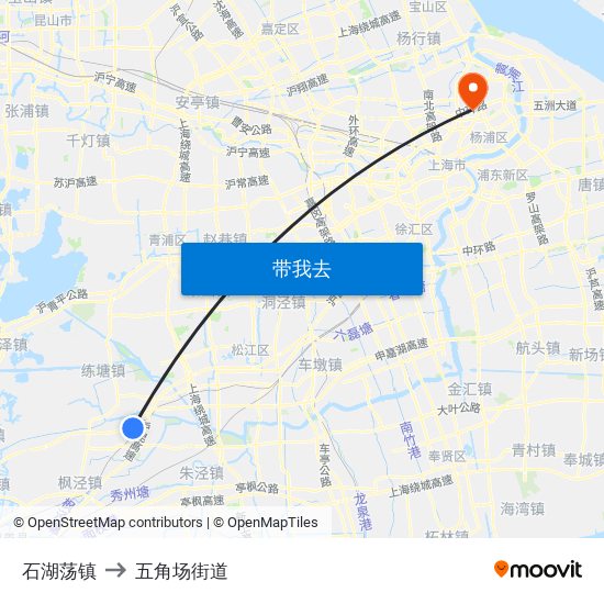 石湖荡镇 to 五角场街道 map