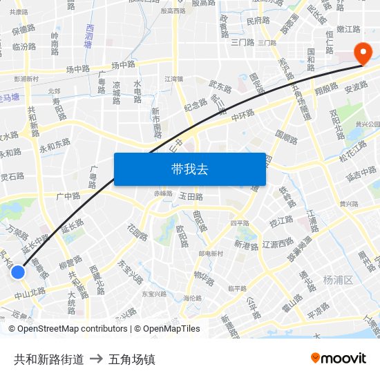 共和新路街道 to 五角场镇 map