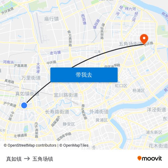 真如镇 to 五角场镇 map