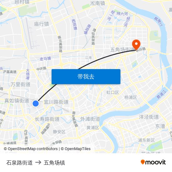 石泉路街道 to 五角场镇 map