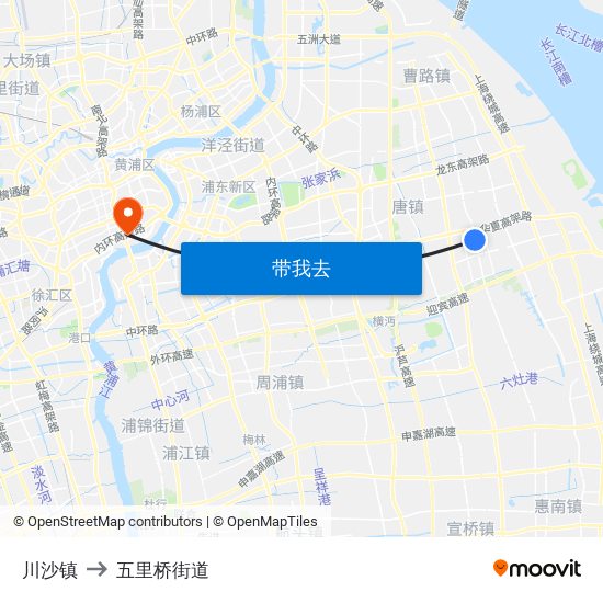 川沙镇 to 五里桥街道 map