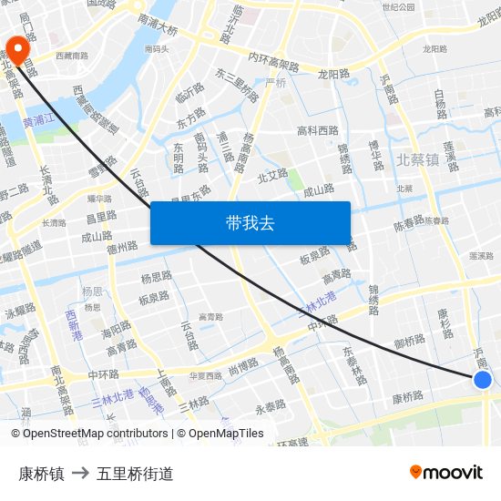 康桥镇 to 五里桥街道 map