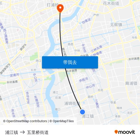 浦江镇 to 五里桥街道 map