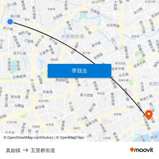 真如镇 to 五里桥街道 map