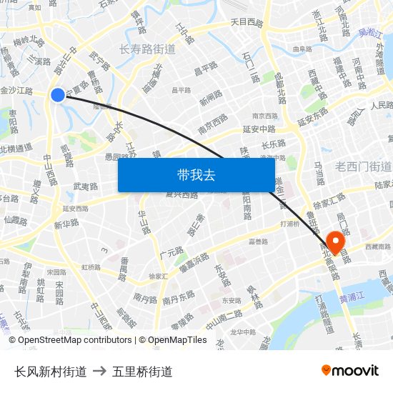 长风新村街道 to 五里桥街道 map