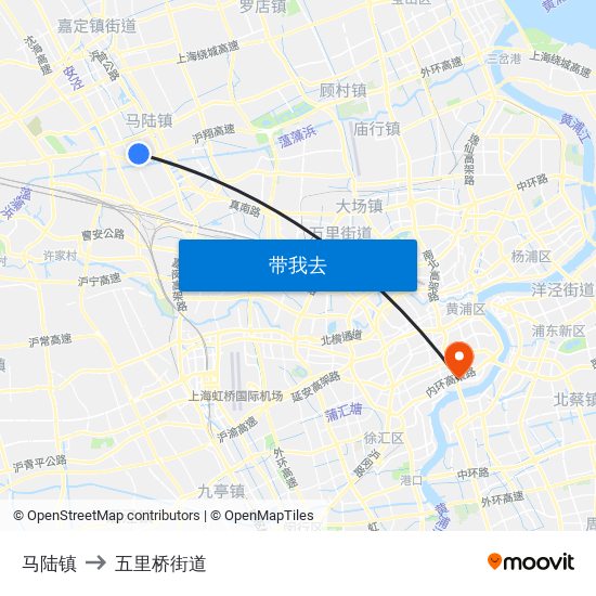 马陆镇 to 五里桥街道 map