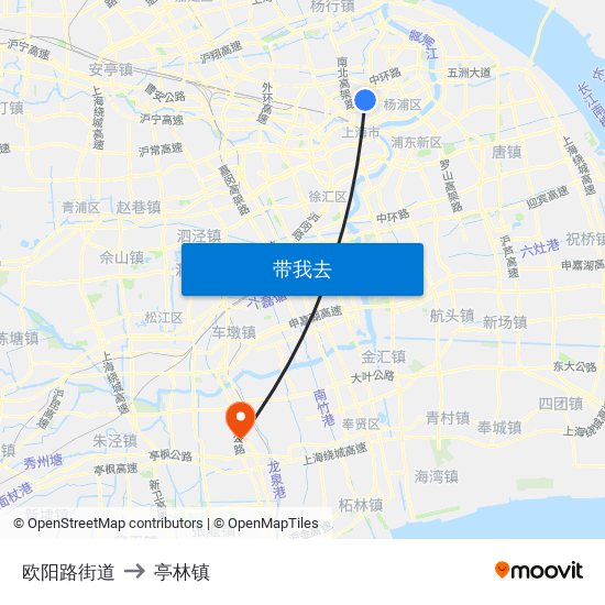 欧阳路街道 to 亭林镇 map