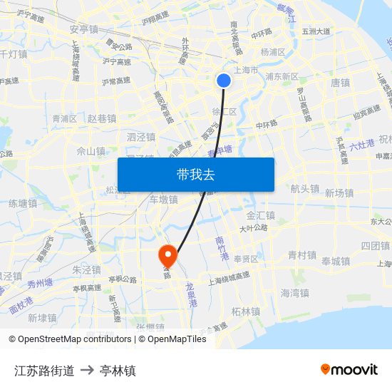 江苏路街道 to 亭林镇 map