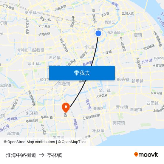 淮海中路街道 to 亭林镇 map