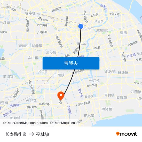 长寿路街道 to 亭林镇 map