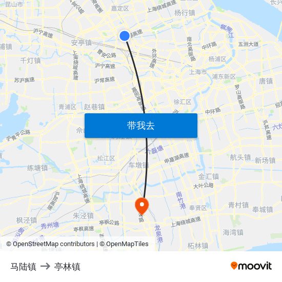 马陆镇 to 亭林镇 map