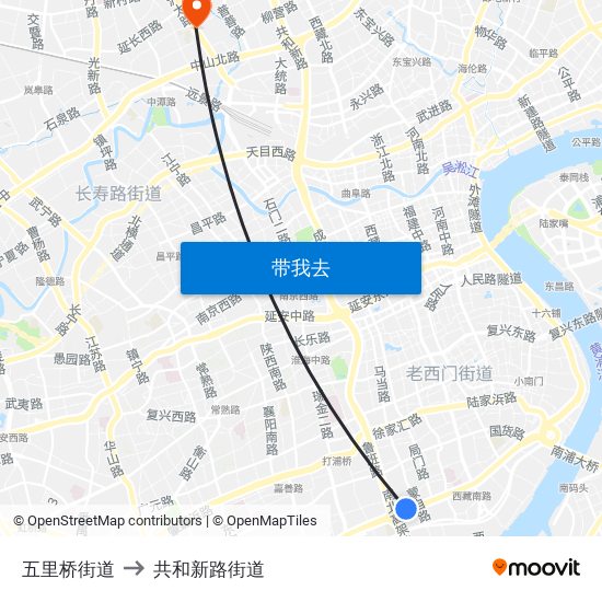 五里桥街道 to 共和新路街道 map