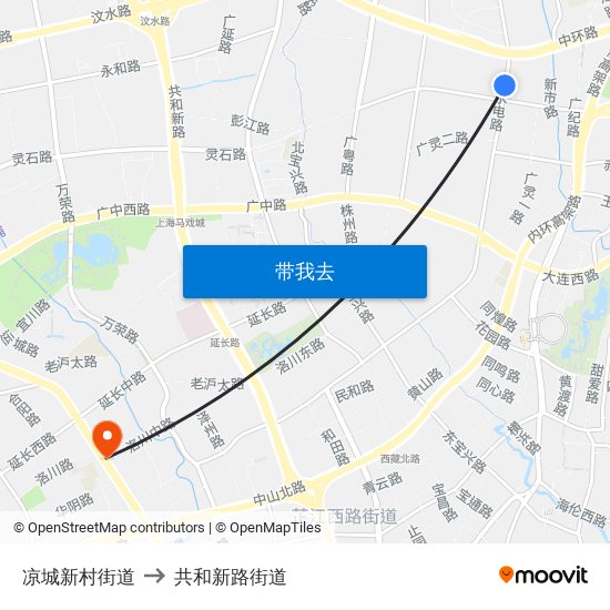 凉城新村街道 to 共和新路街道 map