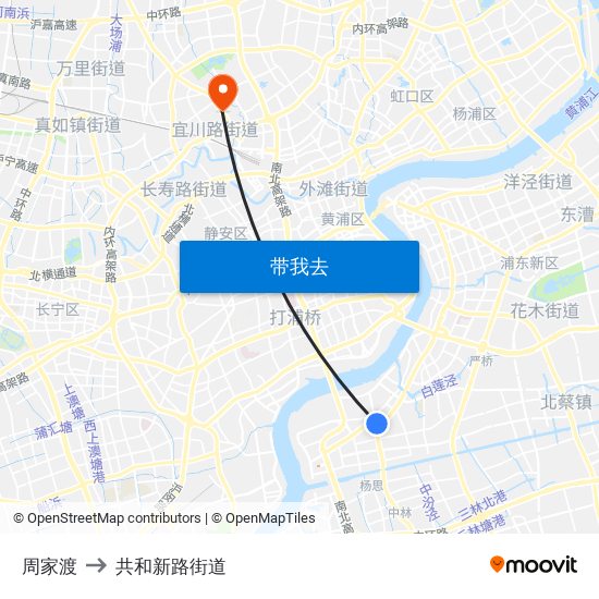 周家渡 to 共和新路街道 map