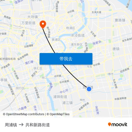 周浦镇 to 共和新路街道 map