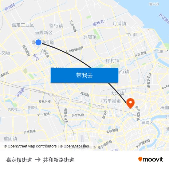 嘉定镇街道 to 共和新路街道 map