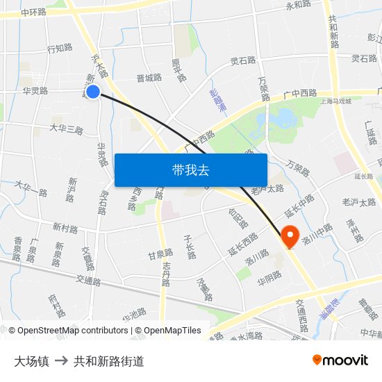 大场镇 to 共和新路街道 map