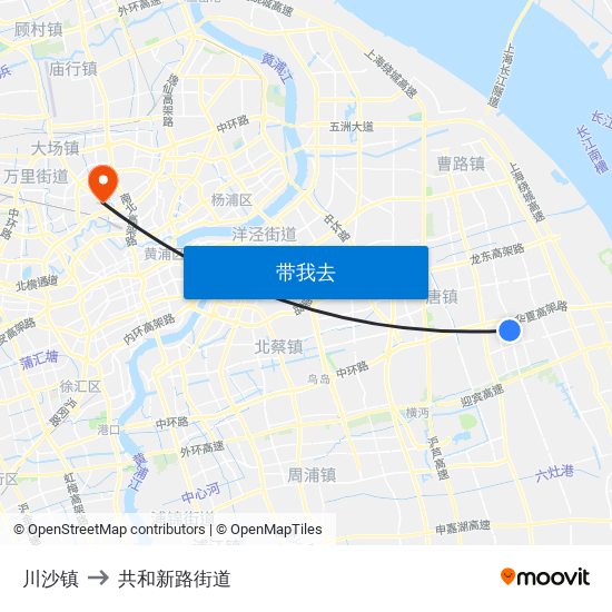 川沙镇 to 共和新路街道 map