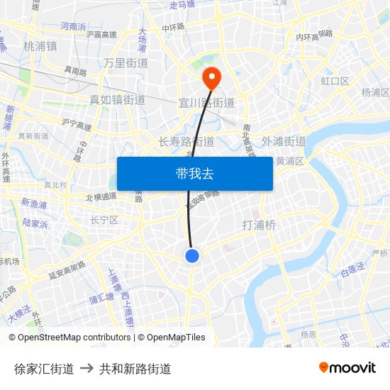 徐家汇街道 to 共和新路街道 map