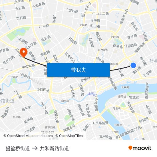 提篮桥街道 to 共和新路街道 map