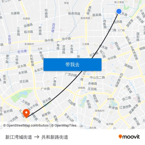 新江湾城街道 to 共和新路街道 map