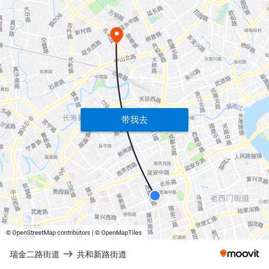 瑞金二路街道 to 共和新路街道 map