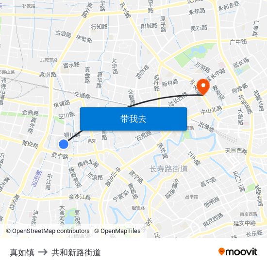 真如镇 to 共和新路街道 map