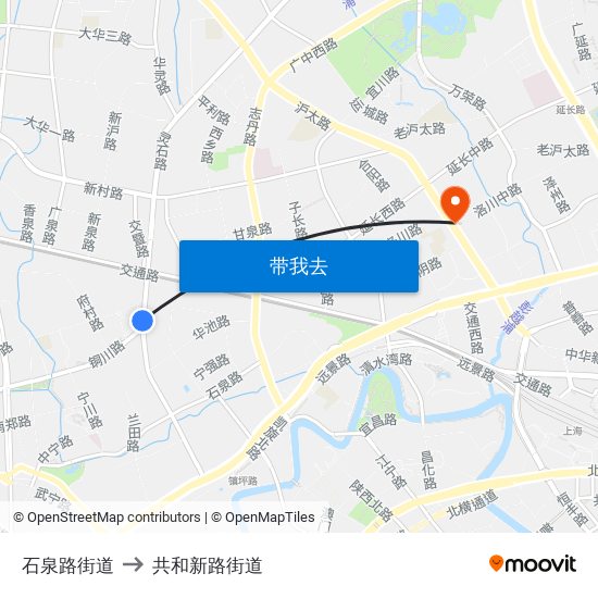 石泉路街道 to 共和新路街道 map