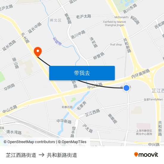 芷江西路街道 to 共和新路街道 map