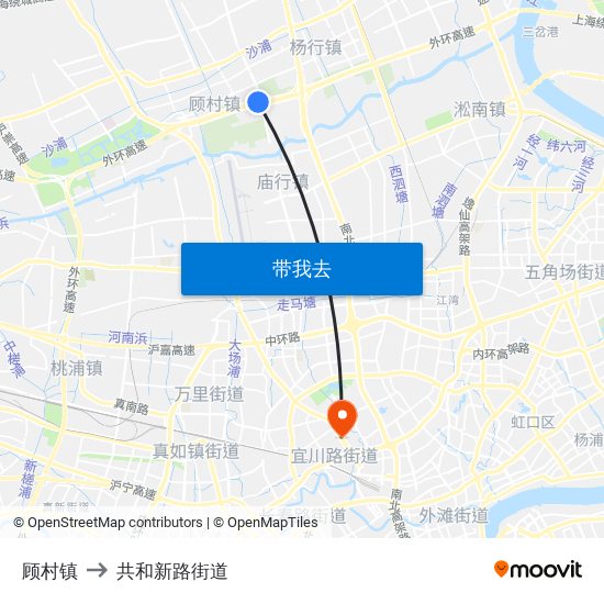 顾村镇 to 共和新路街道 map