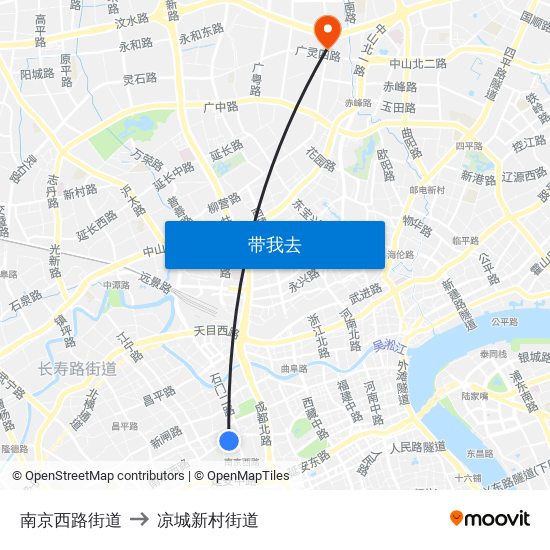 南京西路街道 to 凉城新村街道 map